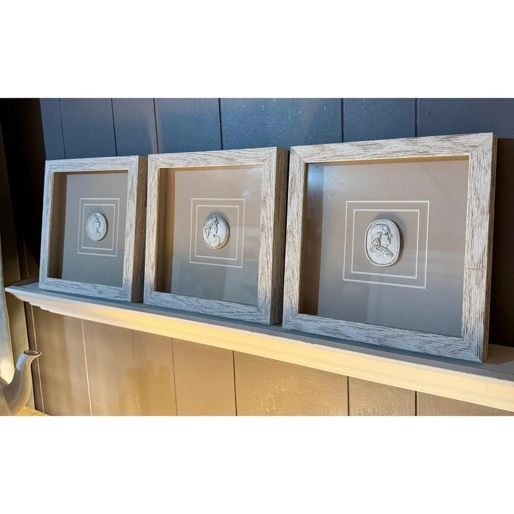 Set of 3 Framed Ceramic Intaglio Bust Relief Wall Art Vintage-Style 9.5 Inch